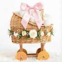 Wicker Stroller Flower Basket,Woven Rattan Pushcart Planter Basket for Wedding Baby Shower Centerpiece Candy Storage Home Decor (Small)
