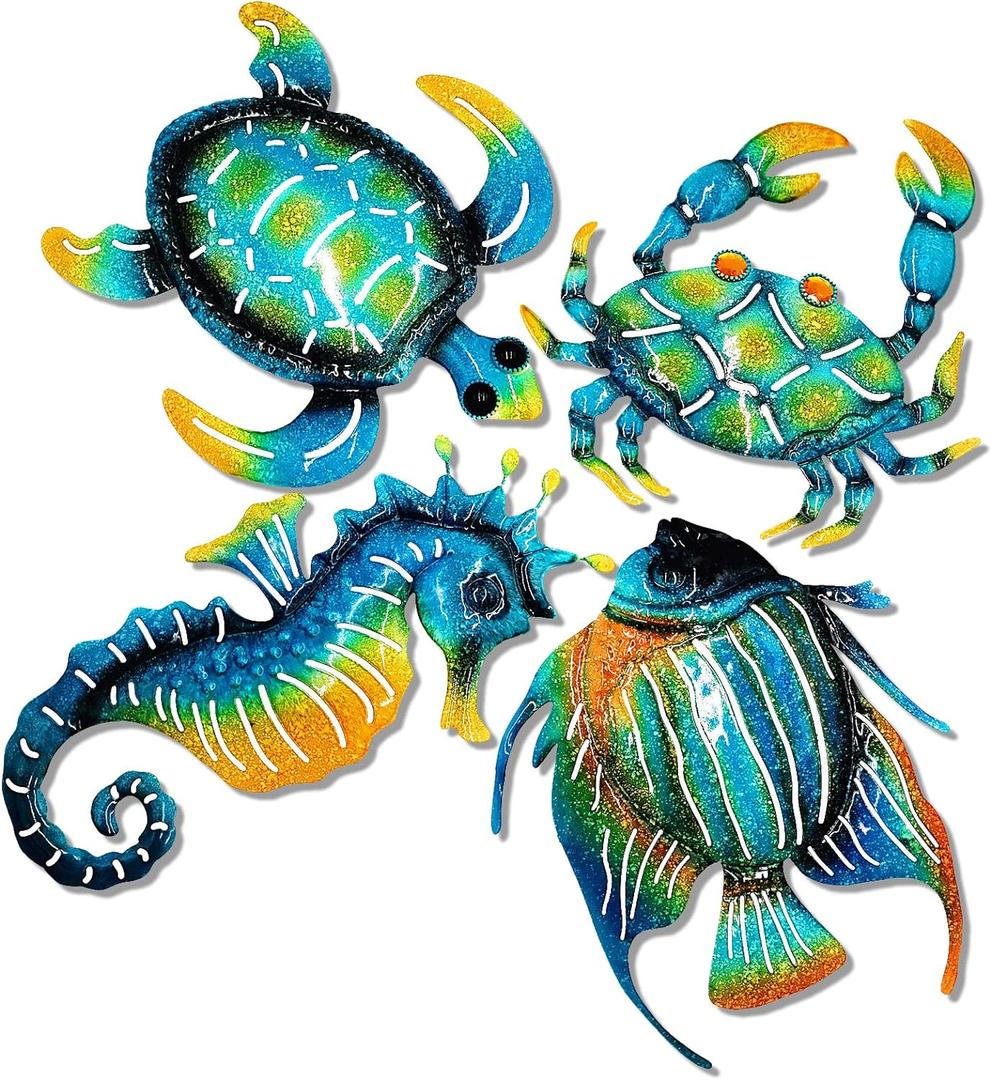 Set of 4 Metal Outdoor Wall Art Decor, Blue Turtle Fish Crab and Seahorse Suitable for Beach Ocean Pool Decor, Metal Yard Fence Garden Children Room Bathroom Livingroom Wall Decoration Set of 4 Metal Outdoor Wall Art Decor, Blue Turtle Fish Crab and Seahorse Suitable for Beach Ocean Pool Decor, Metal Yard Fence Garden Children Room Bathroom Livingroom Wall Decoration