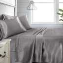 Niagara Sleep Solution King Grey Bed Sheet Set 4 Pieces Silky Smooth Bridal Satin Deep Pocket Fitted, Flat, 2 Pillow Cases Wrinkle Stain, Fade Resistant (Grey Satin, King)