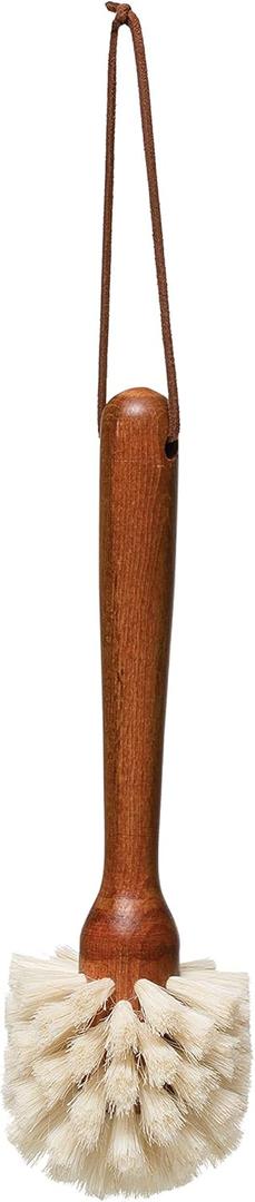 Creative Co-Op Beech Wood Dish Brush w Leather Strap, Dark Brown