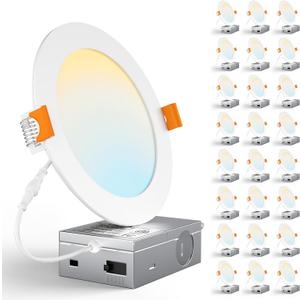 CHARKEE 24 Pack 6 Inch 5CCT Ultra-Thin LED Recessed Ceiling Light with Junction Box, 2700K-5000K, 1050LM High Brightness, Dimmable Canless Wafer Downlight,12W Eqv 110W, ETL & Energy Star & FCC