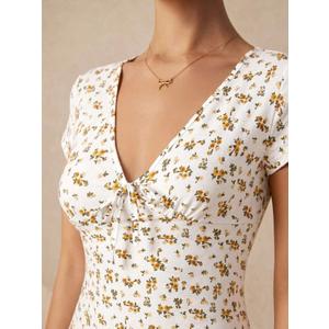 Women's Fashion Sweet V-Neck Floral Print A-Line Dress, Dresses, Spring Beach Vacation Date Y2k Cottagecore Summer, Cute White Floral Floral