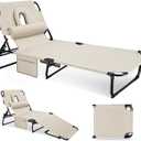 3-in-1 Sun Tanning Chair with Face Holes, Folding Chaise Lounge Chairs, 5-Position Adjustable Lounge Chair Outdoor with 2 Side Pocket & Pillow, for Pool Beach, Patio, Camping, Beige