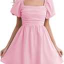 Women Puff Sleeve Graduation Short Dress Square Neck A Line Casual Sundress Beach Wedding Guest Mini Dress (Pink, S)