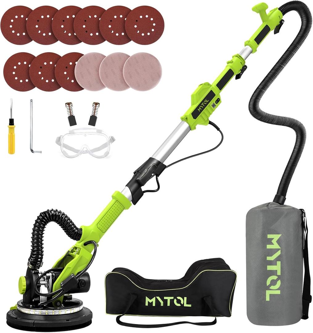 MYTOL Drywall Sander, 7.2A Electric Drywall Sander with Vacuum Dust Collection, 6 Variable Speed 900-1800RPM, LED Light, Foldable & Extendable Handle, 9 Pcs Sandpaper&3 Pcs Grid Sandpaper, Full Green