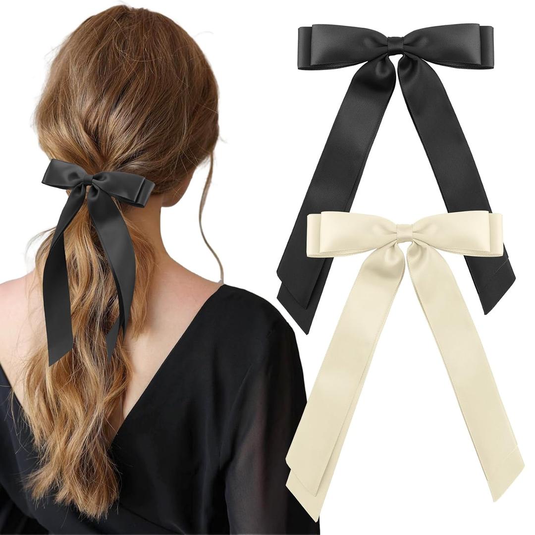 Silky Satin Bow Double Ribbon Hair Clips, 2 Count, Hair Accessory for Women and Girls, Hair Bows for Holiday, Wedding, Party, Everyday Hair Style Decoration, Beige/Black