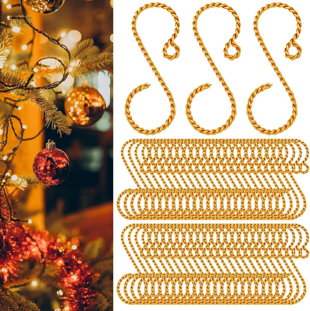 48 Pcs Christmas Ornament Hooks S Shaped Swirl Hook Decorative S Hangers 2'' Christmas Tree Ornament Aluminum Wire Hangers for Xmas Tree Xmas Balls Party Decorations (Gold)