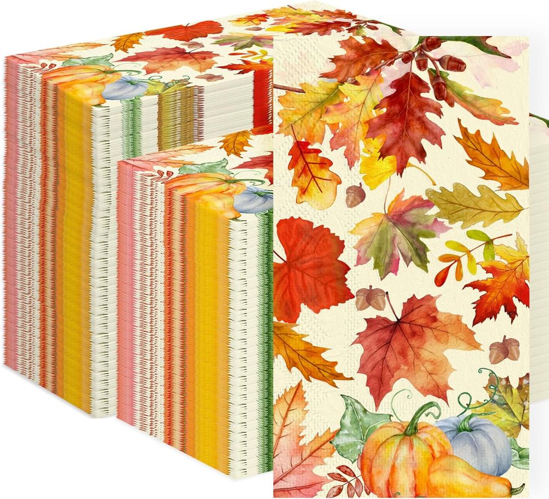 Fall and Thanksgiving Paper Napkins Disposable: Guest Dinner Hand Towels, Cocktail Party Decorations, Autumn Maple Leaves and Pumpkin Pattern (4.3x7.9 Inches, 100, Count)
