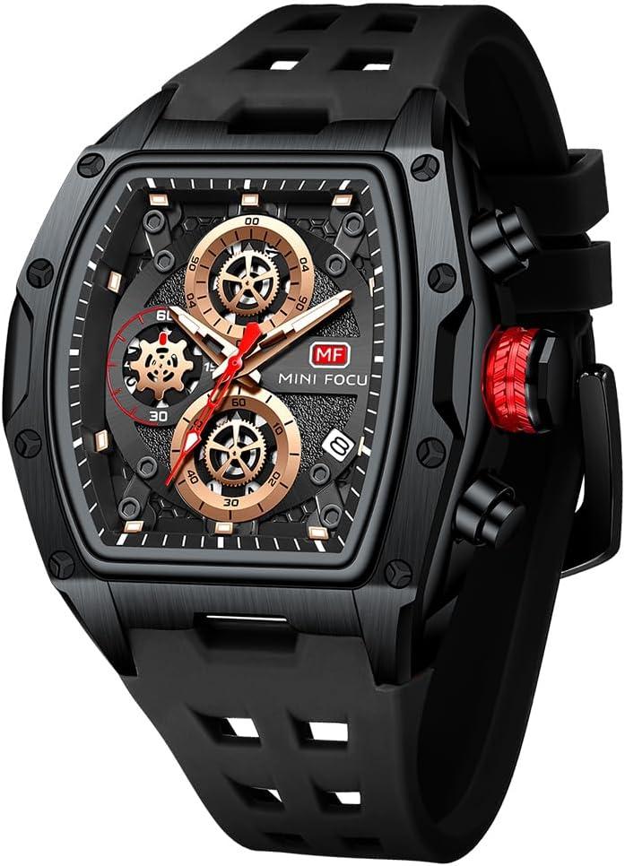MF MINI FOCUS Men Watches Unique Casual Wrist Watches (Chronograph/Waterproof/Luminous/Calendar) Silicon Band Fashion Watches for Men (All_Black)