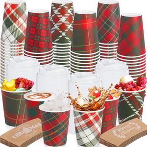Jingmore 60 Sets Christmas Disposable Coffee Cups with Lids and Sleeves 12 oz Paper Coffee Cups Christmas Buffalo Plaid Coffee Cups for Hot Cold Drinks Tea Beverage Christmas Party Supplies, Red
