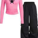 Tween Girls Clothes Ribbed Star Printed Shirt + Cargo Pants Sets Fall Outfits Sizes 7-16 Years (11-12 Years, Pink)