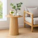 Fluted Round Side Table, Boho Accent End Tables Small Rattan Modern Bedside Table, Indoor Plant Stand, Rustic End Tables for Living Room Bedroom Office Balcony, Wood Color, 15.7*15.7*18.1 inches