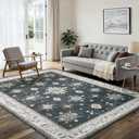 5'x7' Washable Area Rug Non-Slip, Vintage Floral Medallion Distressed Carpet, Soft Low Pile Indoor Floor Mat for Living Room Bedroom Dining Room, Navy Blue & Ivory Vintage