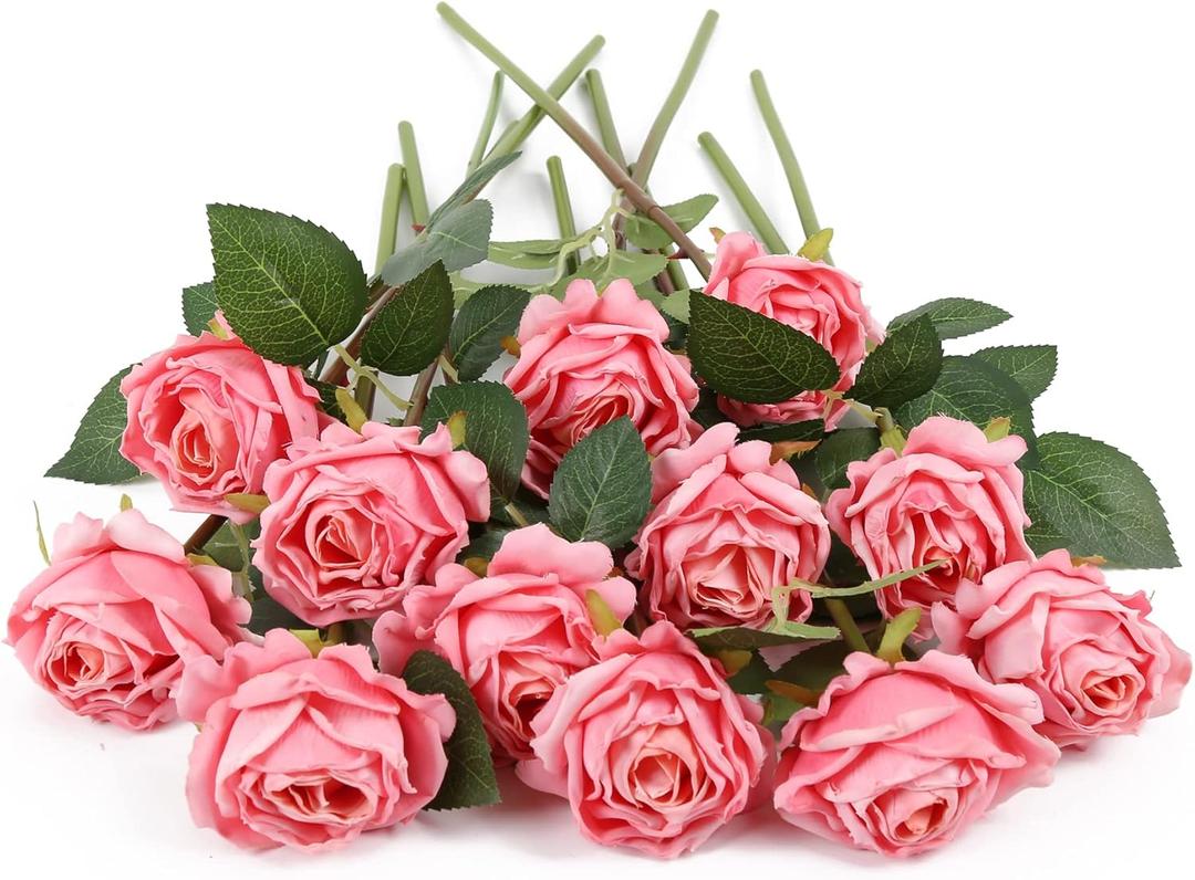 IPOPU Pink Roses Artificial Flowers 12PCS Pink Fake Roses Dried Silk Flowers with Single Stems Faux Rose Realistic Pink Flower Centerpieces for Tables Wedding Bouquet Floral Arrangements