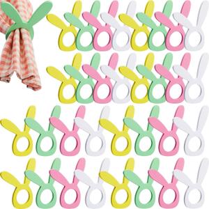 32 Pieces Easter Bunny Napkin Rings Wood Napkin Rings Holder Bunny Serviette Rings Wooden Easter Napkin Buckles for Wedding Holiday Spring Dinner Table Decorations, White, Green, Pink and Yellow