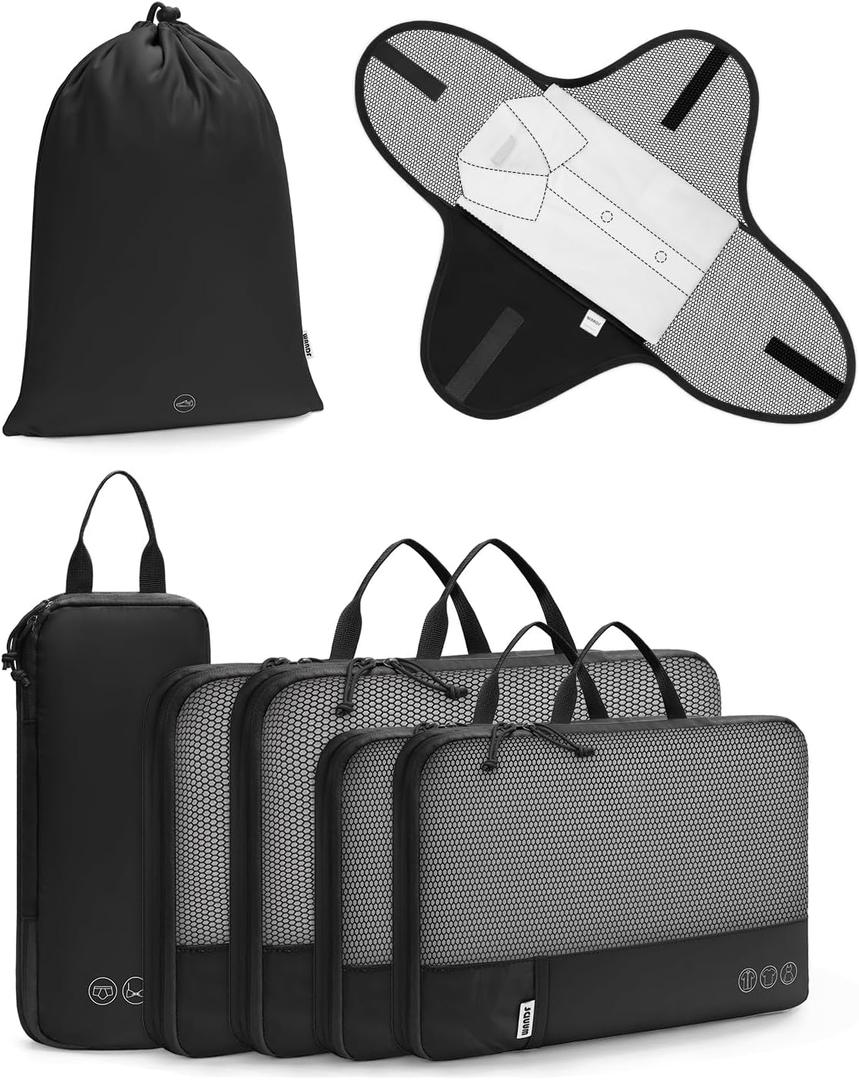 WANDF 7 Set Compression Packing Cubes for Travel, Shirt Folder for Wrinkle-Free, Suitcase Organizer Bags Set for Carry-On Checked Luggage Duffle Bag Women Men(Black)