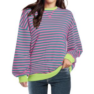 Women Striped Oversized Sweatshirt Long Sleeve Crewneck Shirt Fall Fashion 2025 Pullover Top Preppy Y2K Clothes (Large, Pink)