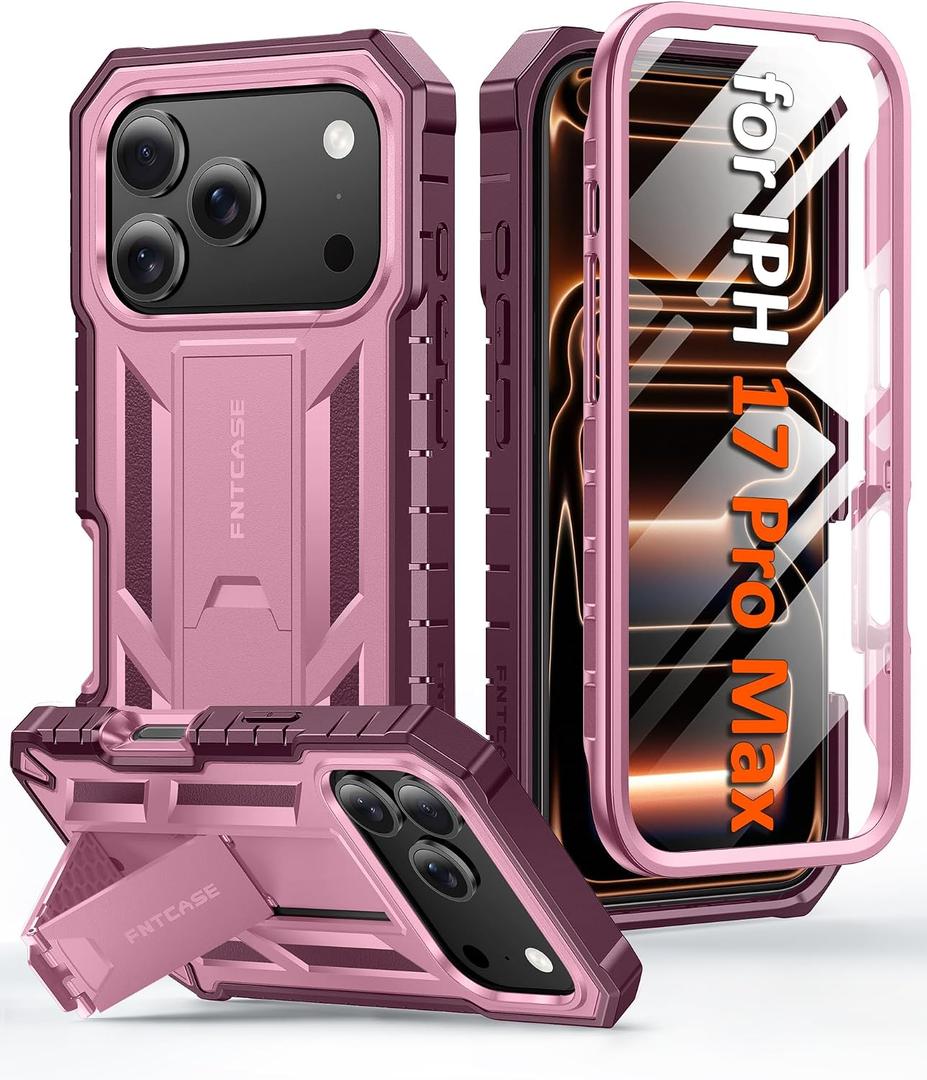 FNTCASE for iPhone 17 Pro-Max Case: Military Grade Drop Proof Protection Mobile Cover with Kickstand | Matte Textured Rugged Shockproof TPU | Protective Sturdy Phone Case - 6.9 inch Rose Pink