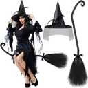 Hercicy 2 Pack Halloween Witch Broom Hat Set Halloween Witch Broom Cosplay Black Tulle Witch Hat and Broom with Bow Costume Witch Broom Costume Accessories Props for Halloween Costume Party Supplies