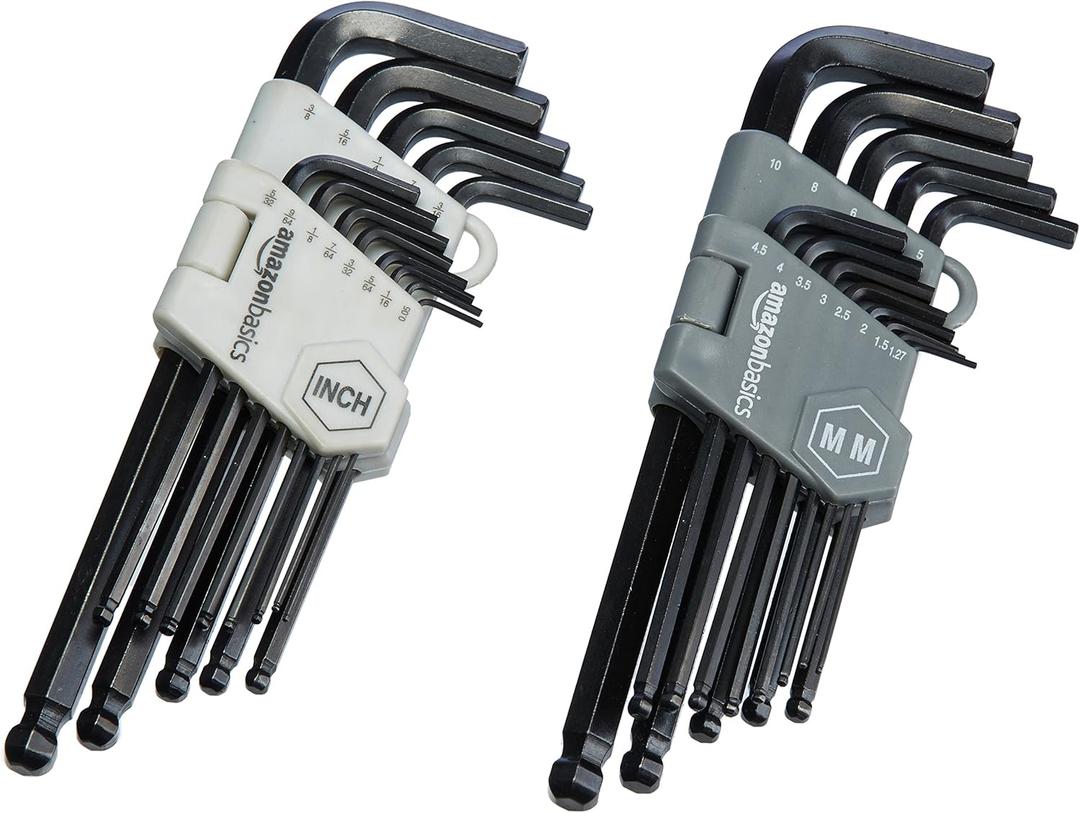 Amazon Basics Hex Key Allen Wrench, Long Arm, Ball End, Metric and Standard Sizes, Chrome Vanadium Steel, 26-Piece with Storage Case