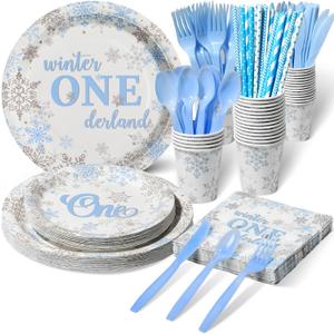 Winter Onederland Party Supplies Blue and Silver Snowflake Plates and Napkins Set Disposable 1st Birthday Party Tableware for Winter Onederland Snowflake Baby Boy First Birthday Party Decor Serve 50