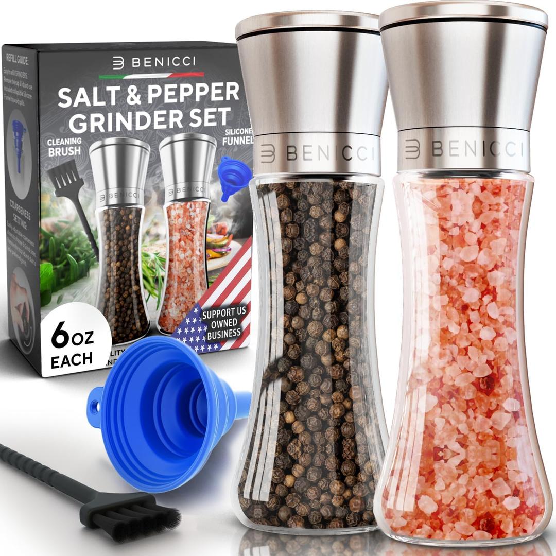 Premium Salt and Pepper Grinder Set of 2 - Two Refillable Stainless Steel Sea Salt & Spice Shakers with Adjustable Coarse Mills - Easy Clean Ceramic Grinders w/BONUS Silicone Funnel & Cleaning Brush