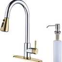 Keer Gold & Polished Chrome Single Handle Pull Down Kitchen Faucet with Soap Dispenser, 3 Modes Sprayer, Easy Assembly, Single Handle High Arc Stainless Steel Faucet
