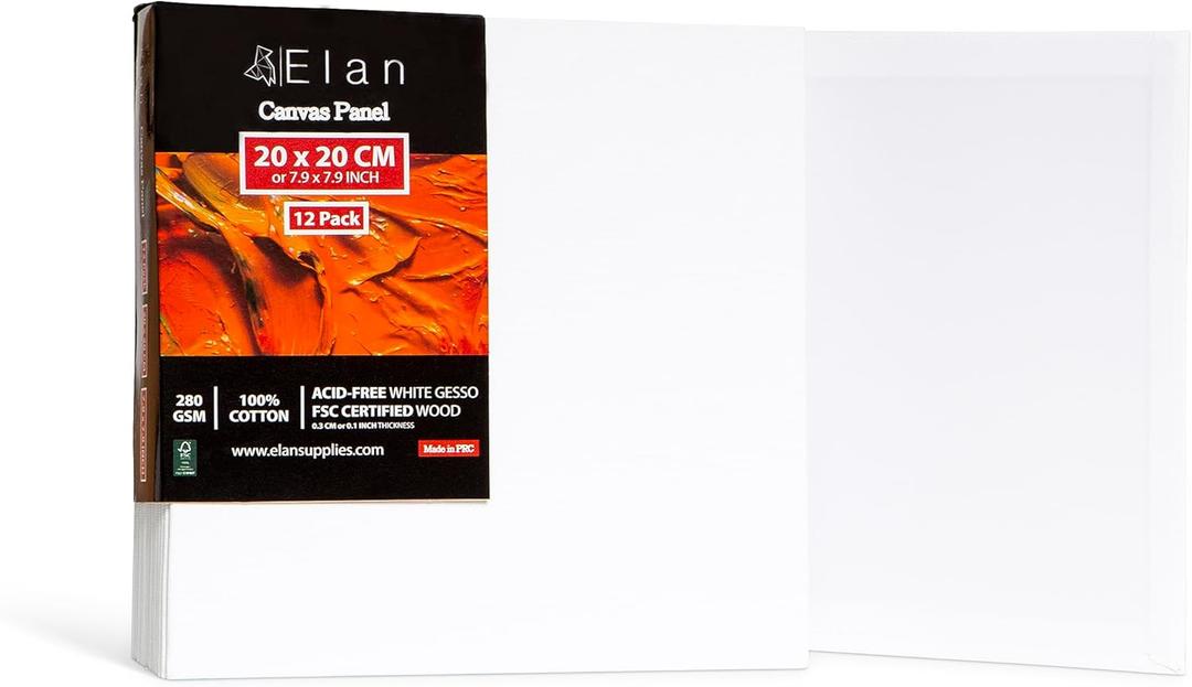 Elan Canvas Boards for Painting 7.9x7.9 Inch, 12-Pack 100% Cotton Acid-Free Blank Canvases for Painting 8oz, Triple Primed 7.9x7.9 Canvas Panels