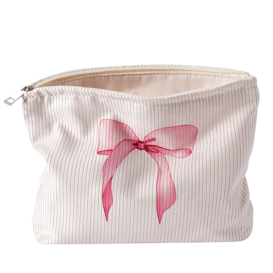 Cute Soft Corduroy Zipper Makeup Bag for Purse, Coquette Aesthetic Pouch with Pinkbow Pattern for Women Girls, Brushes Storage Travel Cosmetic Bags(04Colourful Bow)