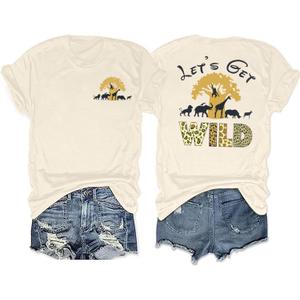 Lets Get Wild Shirts Women Animal Kingdom Shirt Family Safari Trip Tshirts Cute Zoo World Short Sleeve Tee (Large, Apricot)