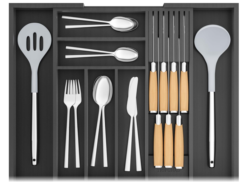 TIOPGHAD BambooSilverwareDrawerOrganizerKitchen, Expandable Utensil Holder Cutlery Tray Flatware Organization Adjustable Wood Tableware Dividers Storage (with Removable Knife Block)(Black)