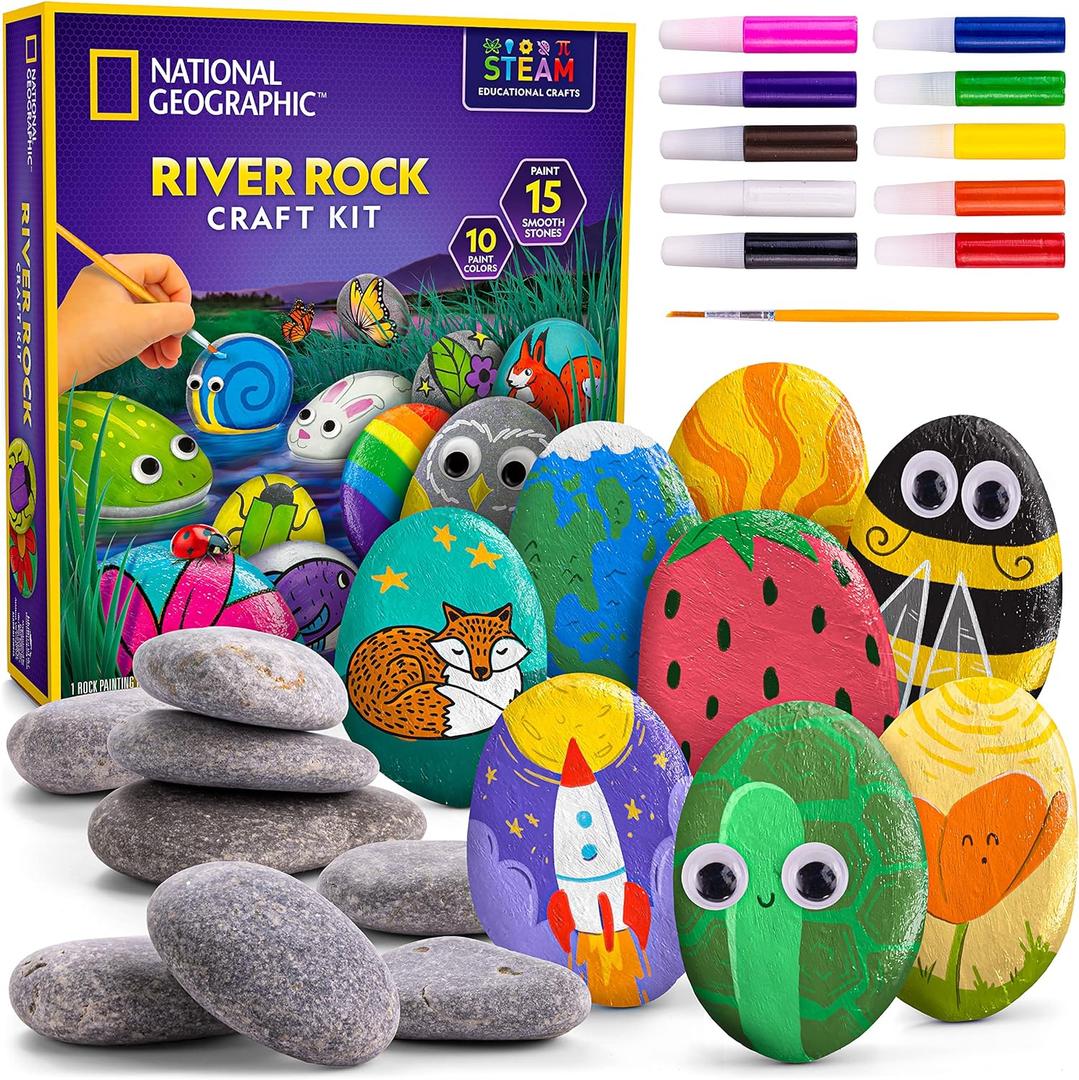 NATIONAL GEOGRAPHIC Rock Painting Kit - Arts and Crafts Kit for Kids, Paint & Decorate 15 River Rocks with 10 Paint Colors & More Art Supplies, Outdoor Toys for Girls and Boys
