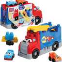 MEGA BLOKS First Builders Toddler Building Blocks Toy Set, Build & Race Rig with 19 Pieces, 2 Race Cars and Storage, Red, Ages 1+ Years