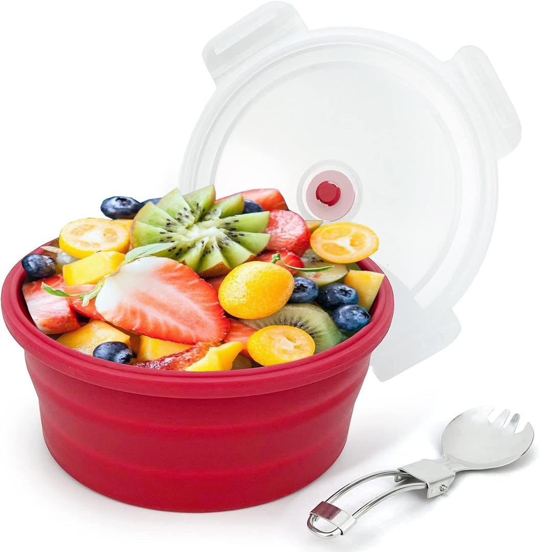 1200ml Large Camping Bowl with Foldable Spoon, Collapsible Bowl With Lid, Silicone Bento Box Container, For Travel Camping Meal Prep & Food Storage, Microwave Dishwasher Safe, Red (Red)