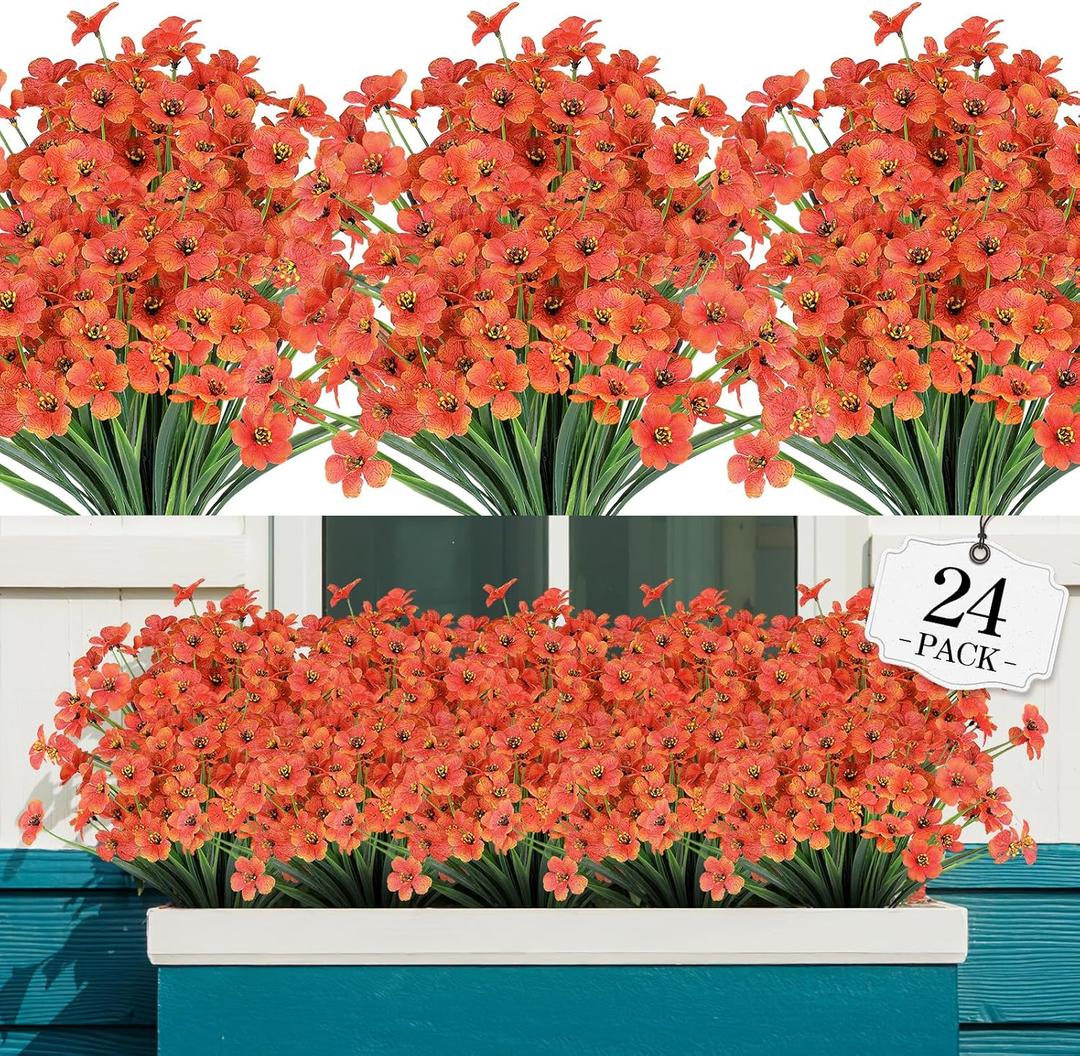 AGIRL 24 Bundles Artificial Fall Flowers Outdoor Indoor Decoration,Fake Plastic Flowers,Faux Mums Plant for Thanksgiving Fall Decor,for Hanging Outside Garden Front Door Porch Patio Window Box (Orange)
