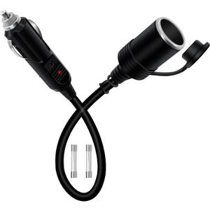 Cigarette Lighter Extension Cord 12V 24V Cigarette Lighter Plug Extension Heavy Duty 16AWG 15A Fuse with LED Light and Waterproof Cover Suitable for Cars, Motorcycles, Boats (0.3 m/1FT)