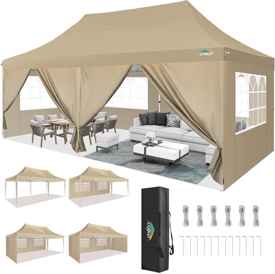 COBIZI 10x20 Pop Up Canopy with 6 Sidewall, Commercial Canopy UPF 50+ Waterproof Outdoor Gazebo with Carry Bag, Tents for Parties with Upgrade Frame, 3 Height Adjustable, Khaki