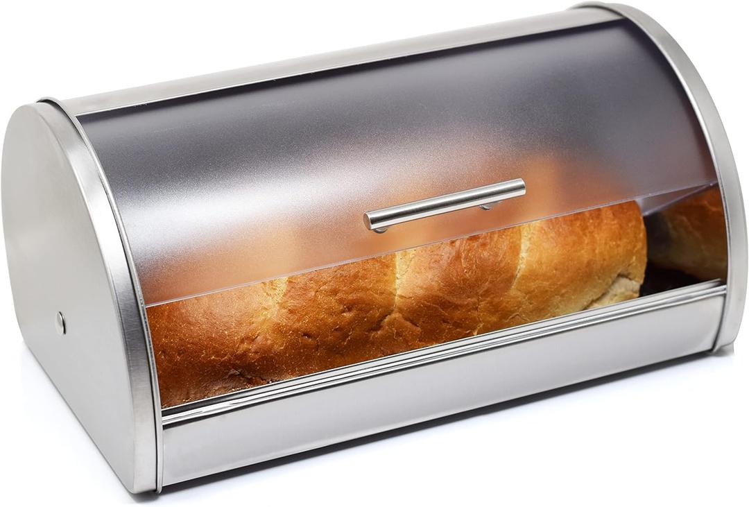 Bread Box for Kitchen Countertop Stainless Steel Bread Holder Bin Storage Container with Frosted Acrylic Roll Top Lid