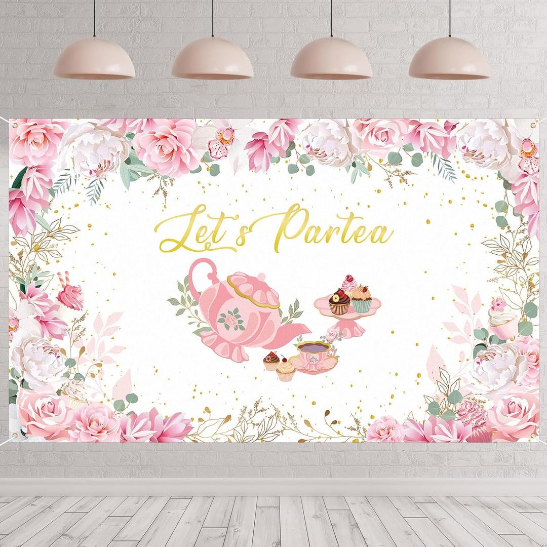 Tegeme Tea Party Backdrop Decorations, Pink Floral Tea Decor Banner, Let's Partea Photo Background for Baby Bridal Shower Birthday Party Supplies(6 x 3.6 ft,White)