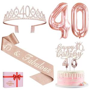 40th Birthday Decorations Women, Include 40th Birthday Sash and Crown, Cake Topper and Candles, Number Balloons, 40 Year Old Gifts for Women