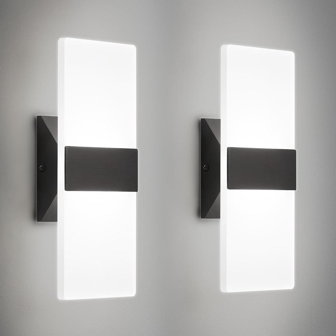 Modern LED Wall Sconces Set of Two, 12 Inch Indoor Dimmable Black Wall Lights, 12W 2700K-5000K Adjustable, Hardwired Acrylic Wall Sconces for Living Room Bedroom Bathroom Hallway, ETL