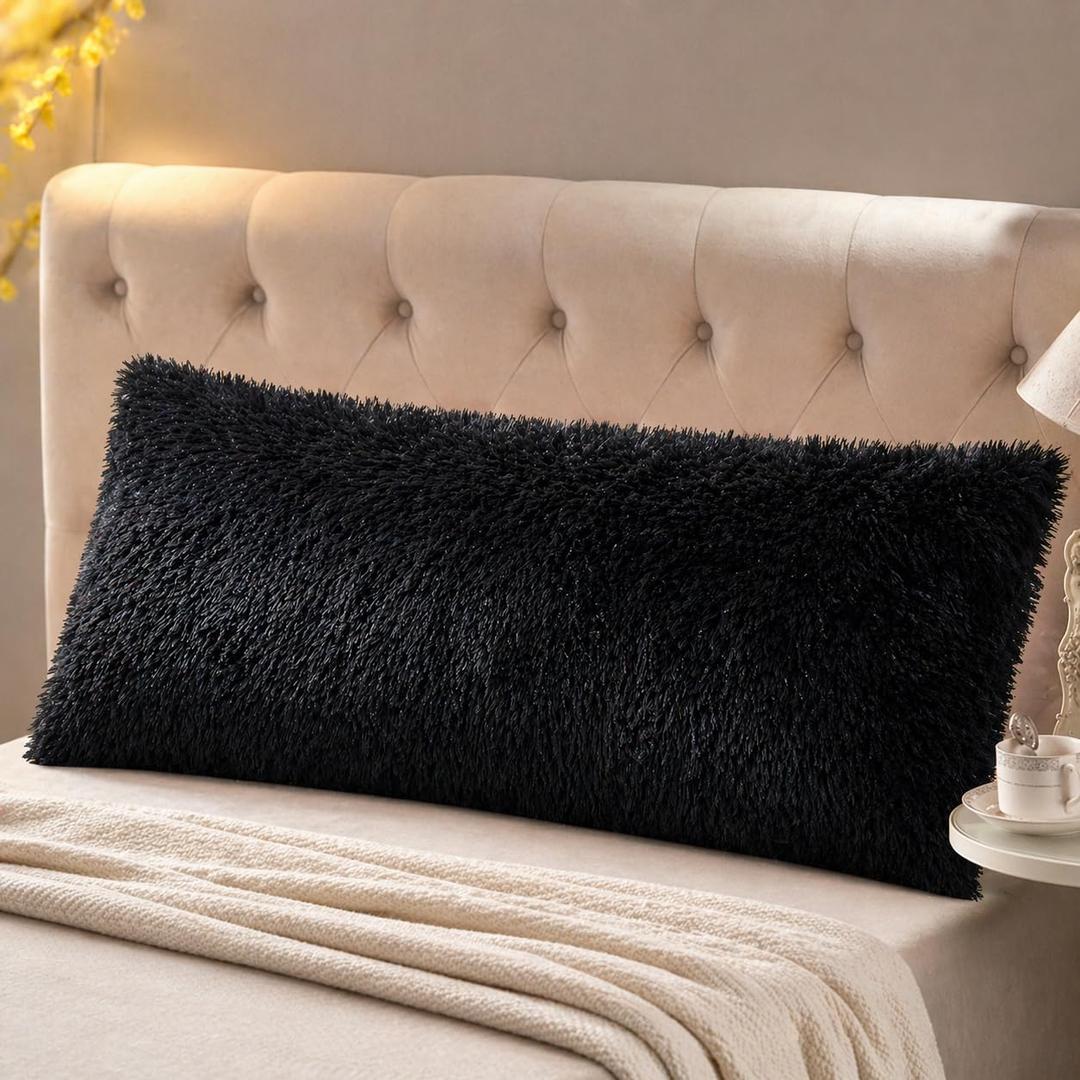 Reafort Luxury Faux Fur Body Pillow Cover 21" x 54", Long Hair PV Plush Body Pillow Case with Hidden Zipper Closure, Ultra Soft Fluffy Decorative Long Pillow Cover (Black, Body)
