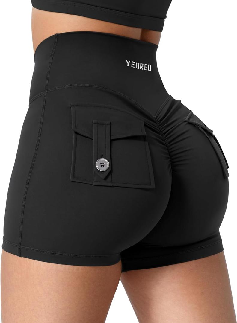 YEOREO CoreFlex Scrunch Workout Shorts with Pockets Charm Gym Biker Shorts for Women High Waisted Booty Yoga (Small, Black)