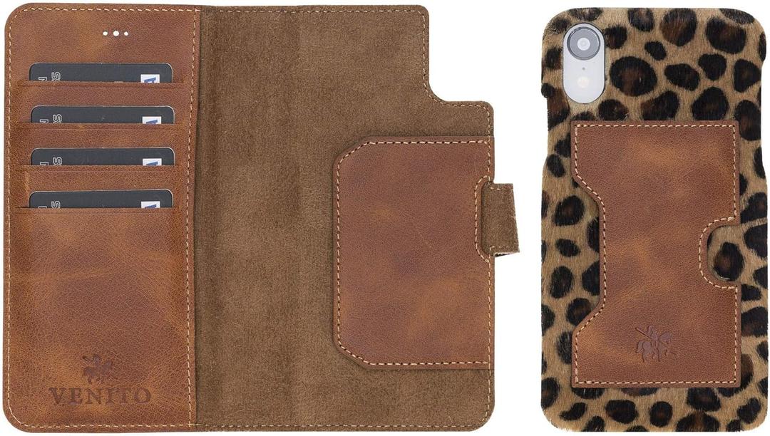 Venito Florence Leather Wallet Phone Case Compatible with iPhone XR - Extra Secure with RFID Blocking - Detachable Phone Wallet - Furry Leopard