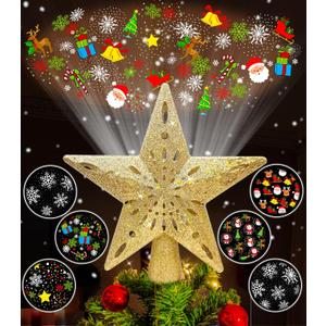 Christmas Tree Topper Star Lighted with 6 Projection Modes,Christmas Star Tree Topper Projector Built-in LED Rotating Lights,3D Glitter Dynamic Projector Party Christmas Decorations (Gold)