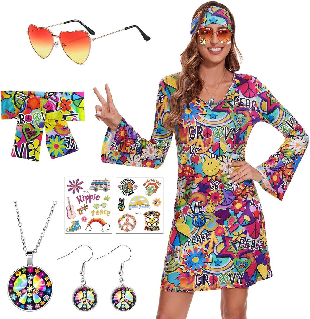 ATAMET 70's Women Costumes Hippie Dress, 1970s Outfits Accessories Set, 60s 70s Disco Prom Dress, Carnival Halloween Costumes (3X-Large, Bright Colors Peace Love)