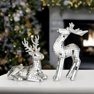 Weysat 2 Pcs Christmas Disco Reindeer Figurines Decor Xmas Elk Tabletop Centerpieces Decorations Mini Glitter Mirror Disco Standing Sitting Reindeer for Christmas Indoor Shelf Mantel Table Supplies