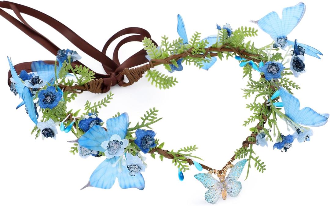 MOSTORY Handmade Fairy Butterfly Crown - Elf Flower Hadpiece Elven Headband for Women s Spring Wedding Maternity Shoot (Blue)