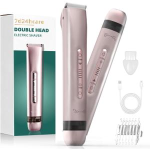 Bikini Trimmer for Women, 2 in 1 Electric Shaver Dual Head Bikini Trimmer for Women IPX7 Waterproof Body Hair Trimmer and Facial Hair Remover for Bikini Leg Arm Body Face, Pink 002