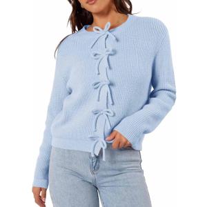 Women's Cardigan Sweaters Bow Button Down Cardigans Fall Fashion Clothes Knit Tie Open Front Coats (Blue, S)